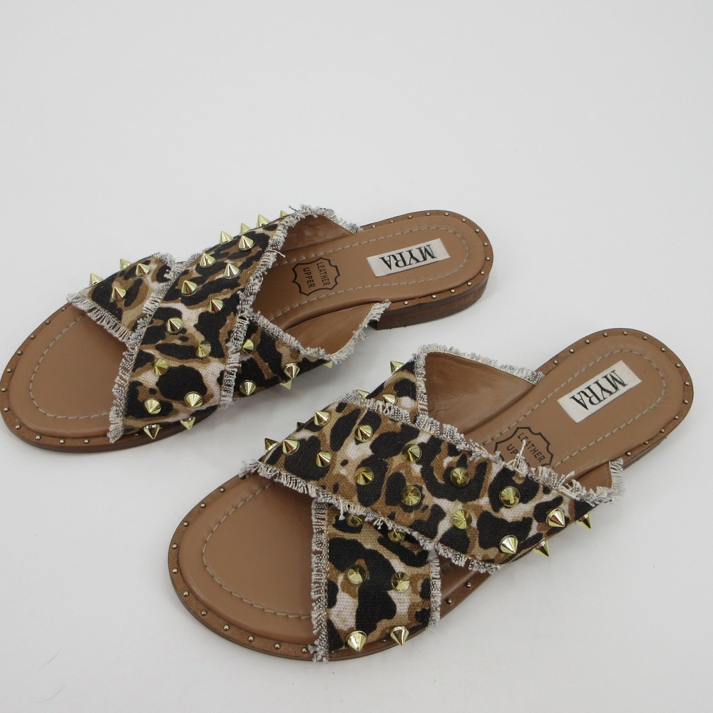 Myra Womens Leopard Print Studded Crisscross Slide Sandals Flat Brown Size 9